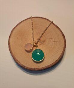 Halskette mit Anhänger, Chalcedon & Rosenquarz, Silber 925, vergoldet