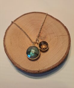 Halskette mit Anhänger, Labradorit & Rauchquarz, Silber 925, vergoldet