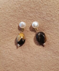 Perlenohrstecker "Terra", Achat, 925 Silber, vergoldet, braun-gelb
